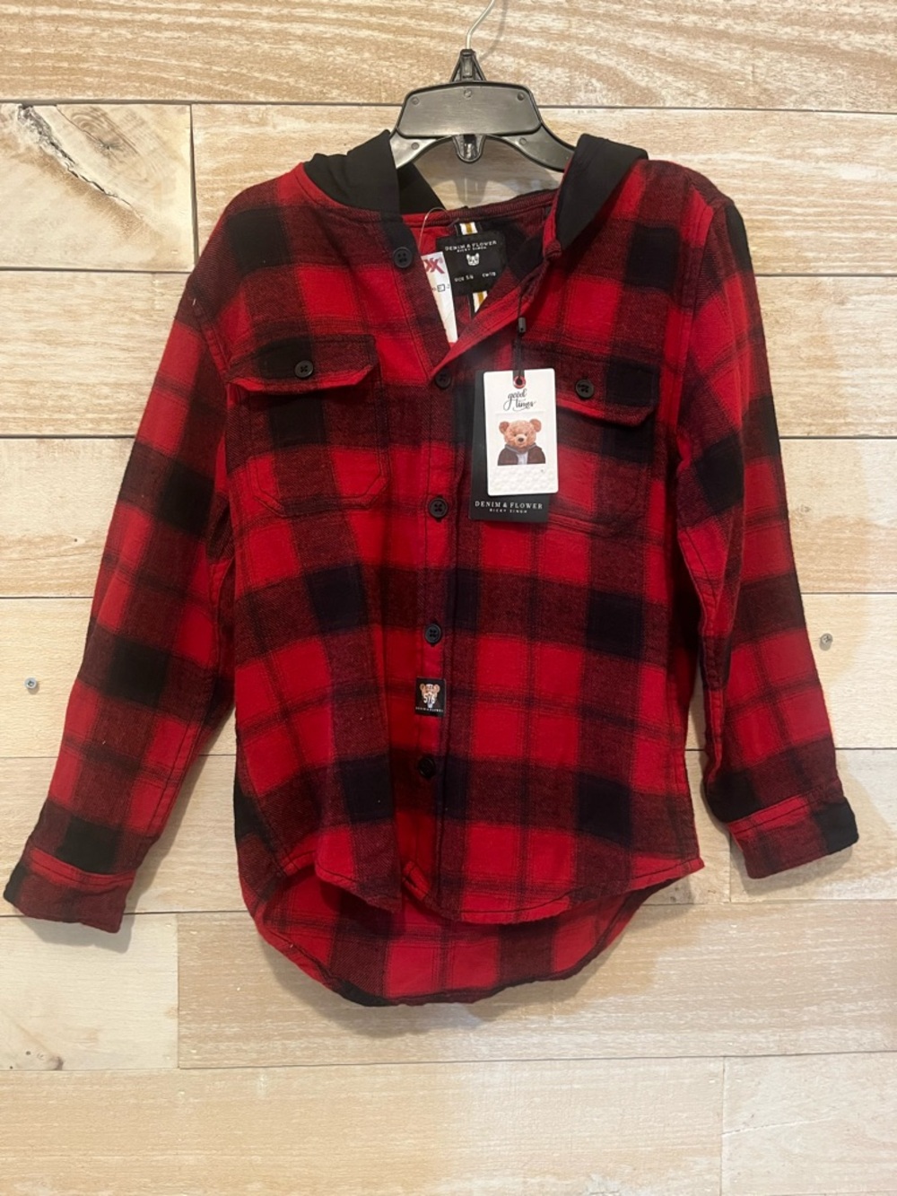 Denim & Flower 100% Cotton Red and Black Plaid Hooded Button-Down Shirt